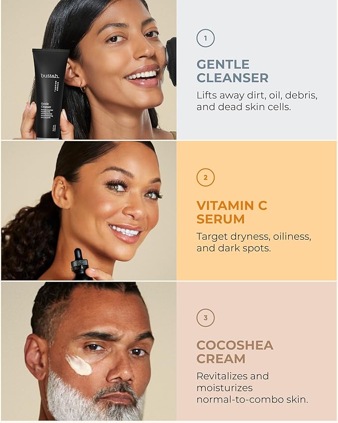 Buttah Skin 3pc Transforming Skincare Kit for Melanin | Rich Skin Revitalizing CocoShea Cream Moisturizer 2 oz | 15% Vitamin C Serum 1 oz | Buttah Cleanser 3.4 oz | Black Founded Skincare