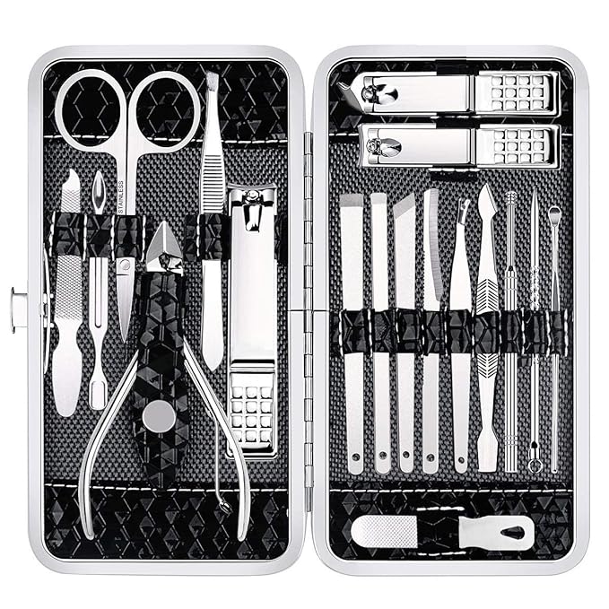 Yougai Manicure Set 18 Pieces Professional Nail Clippers Pedicure Kit Men Women, Stainless Steel Fingernail Toenail Cutters, Nail Care Grooming Tools with Leather Travel Case