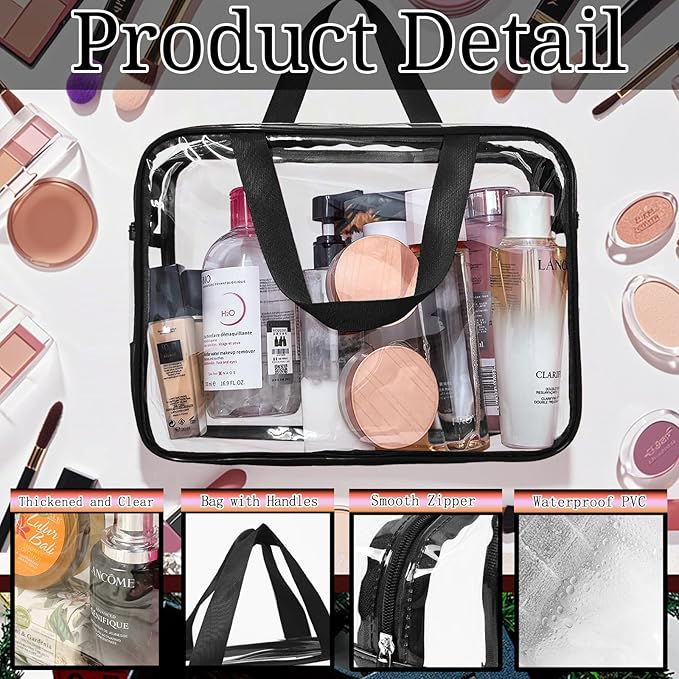YOQIVEXU 4 Packs Large Clear Cosmetic Bag, Waterproof Clear Makeup Toiletry Organizer Pouch, Reusable PVC Plastic Storage Bags with Zipper for Travel