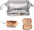 Abiudeng Large Makeup Bag for Women,Travel Makeup Organizer with Brush Holder, Dopp Kit,Waterproof Checkered Cosmetic Bag for Traveling,Multi-Compartment,Essentials,Cute,Spacious Capacity-silvery