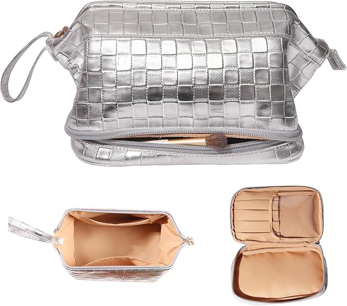 Abiudeng Large Makeup Bag for Women,Travel Makeup Organizer with Brush Holder, Dopp Kit,Waterproof Checkered Cosmetic Bag for Traveling,Multi-Compartment,Essentials,Cute,Spacious Capacity-silvery