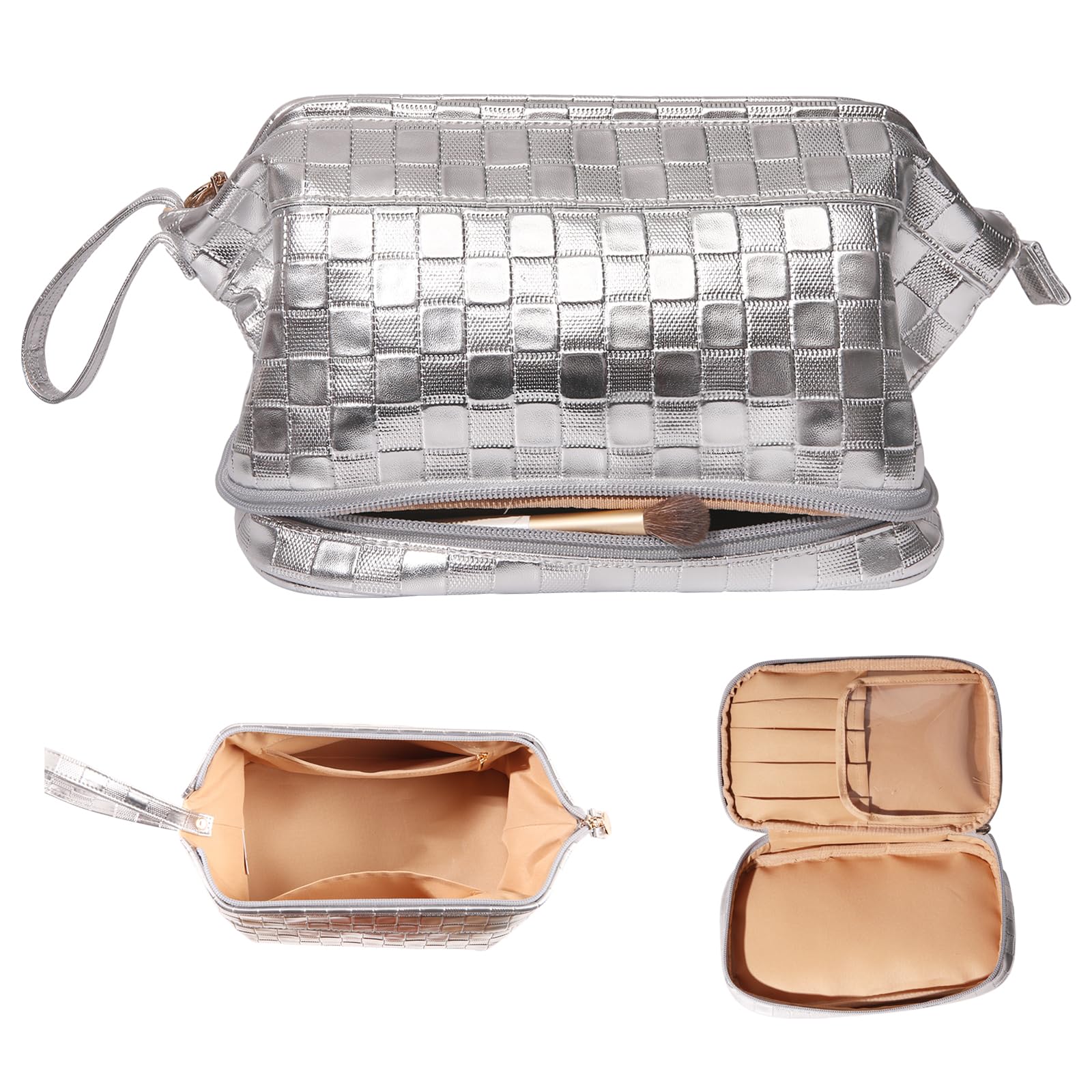 Abiudeng Large Makeup Bag for Women,Travel Makeup Organizer with Brush Holder, Dopp Kit,Waterproof Checkered Cosmetic Bag for Traveling,Multi-Compartment,Essentials,Cute,Spacious Capacity-silvery