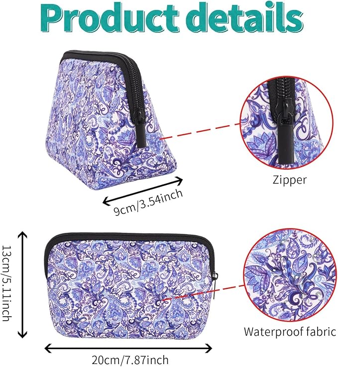 AJLTPA Waterproof Neoprene Cosmetic Bag, Blue Floral Paisley