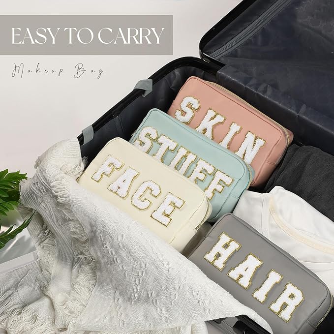 Cunno Preppy Makeup Bags Chenille Letter Stuff Bag Nylon Cosmetic Pouch Cases with Zipper for Women Travel Toiletry(Soft Color,Soft,4 Pcs)