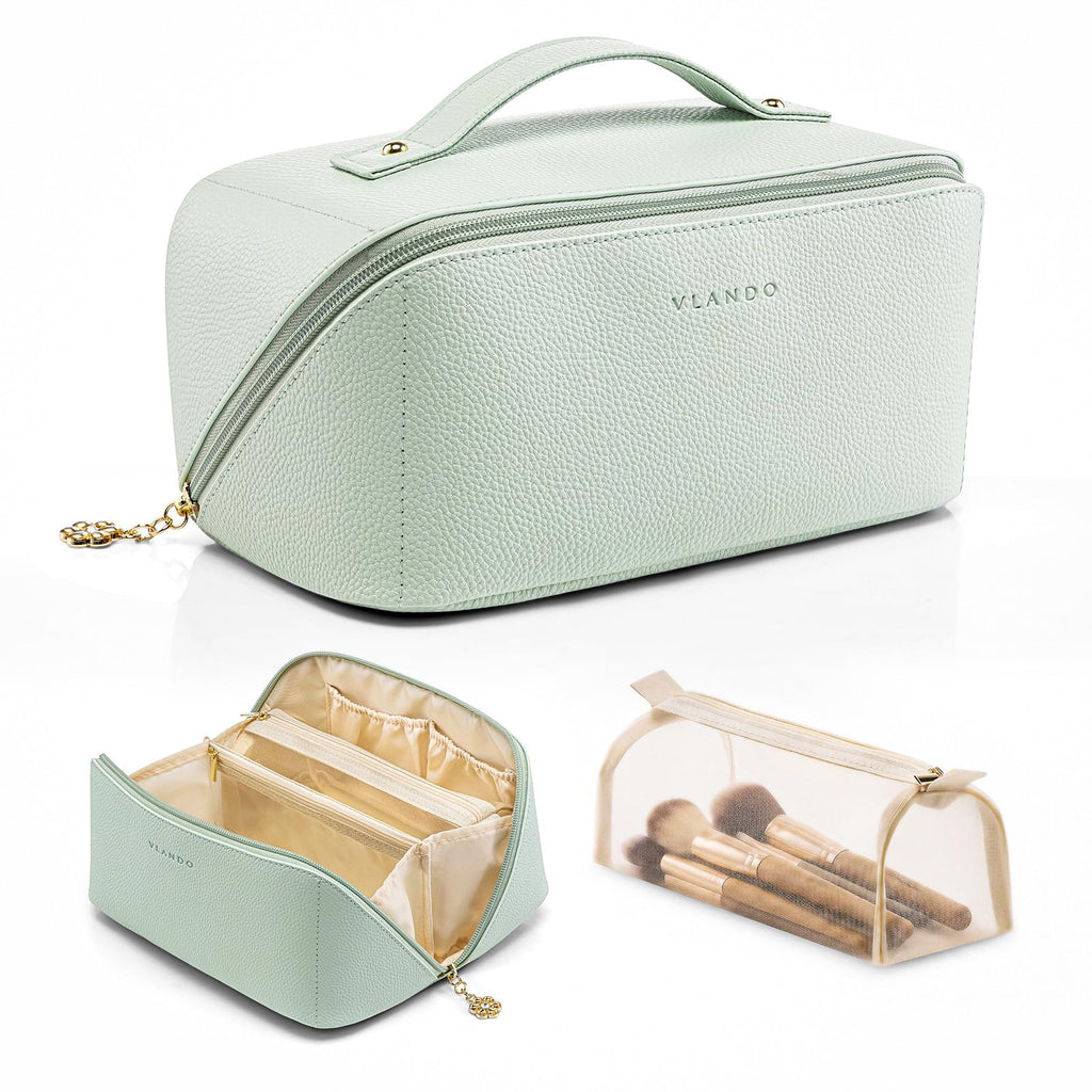 VLANDO Makeup Bag,Travel Toiletry Bag,Cosmetic Bag for Women PU Leather Portable Make up Bag for Skincare, Brushes & Travel Essentials-Mint Green