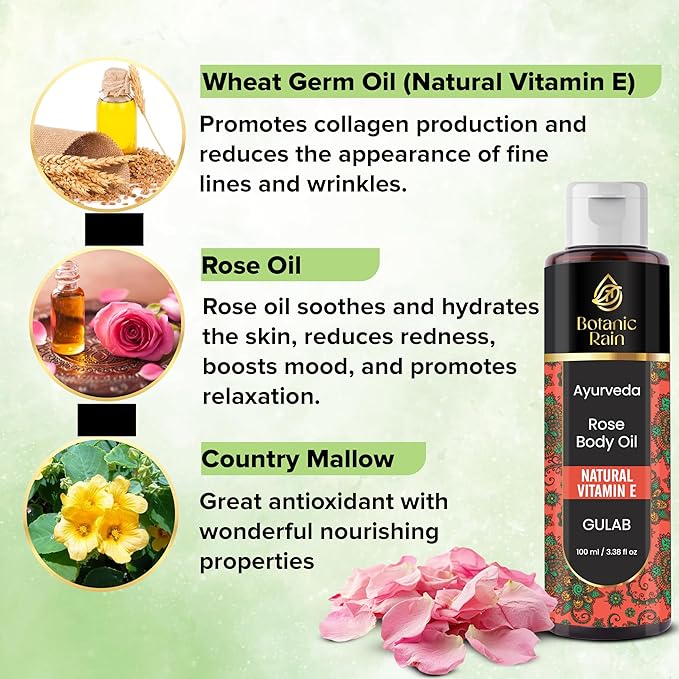 Rose Ayurveda Body Oil After Shower for Dry & Crepey Skin – Non Greasy Lightweight Moisturizer with Vitamin E, 3.38 Fl Oz – Botanic Rain