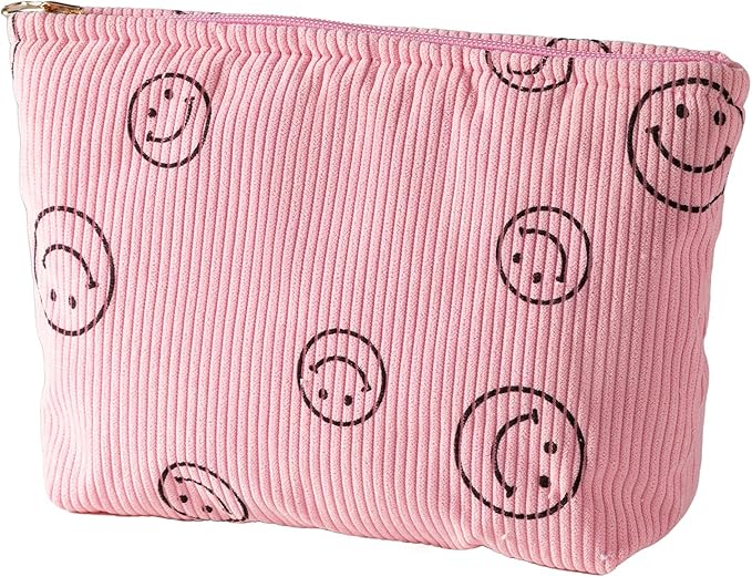 Gardsell Cosmetic Bags for Women - Corduroy Cosmetic Bag Aesthetic Women Handbags Purses Smile Dots Makeup Organizer Storage Makeup Bag Girls Case Bags (Double Pink Blue)