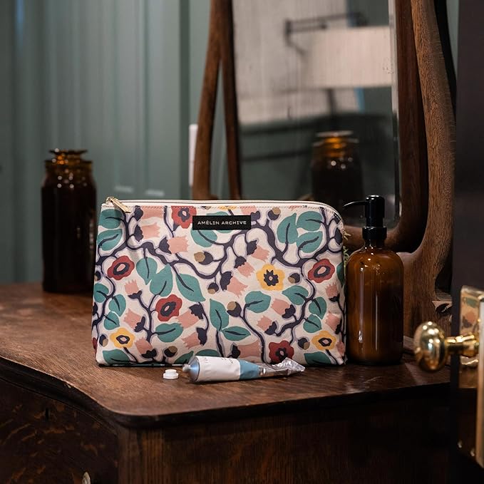 AMÉLIN ARCHIVE Large Canvas Zipper Pouch, Vintage Inspired Pencil Case for Adults, Travel Toiletry Bag, Small Pouch Bag for Supplies, Makeup or Toiletries (Bloomsbury)