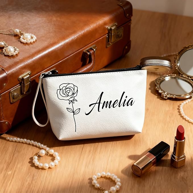 Bliver Personalized Makeup Bag Initial&Birth Flower Custom Small Travel Cosmetic Bag with Name Cute Makeup Bag for Women Girls