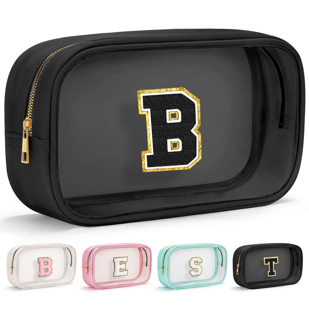 YOOLIFE Initial Travel Makeup Bag Pouch, Clear Toiletry Bag for Women Travel Accessories Cosmetic Bag Skin Care for Teen Make Up Bags Birthday Gifts for Women Unique Teacher Mom Friends Gifts Black B