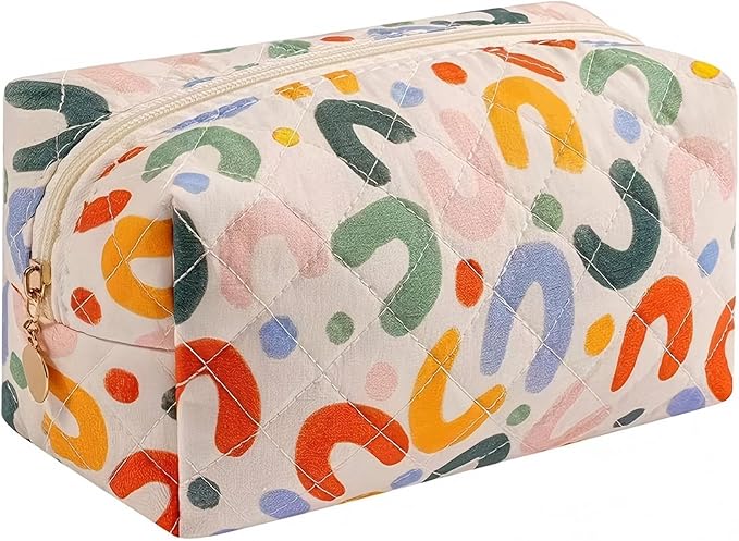 OIMEI Floral Quilted Cotton Makeup Bag for Women, Large Capacity Travel Cosmetic Pouch with Zipper, Cute Toiletry & Brush Organizer, Kawaii Makeup Storage Case – Colorful