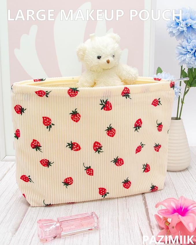 Flat Makeup Bag for Women,Zipper Cosmetic Pouch for Purse,Strawberry Beige