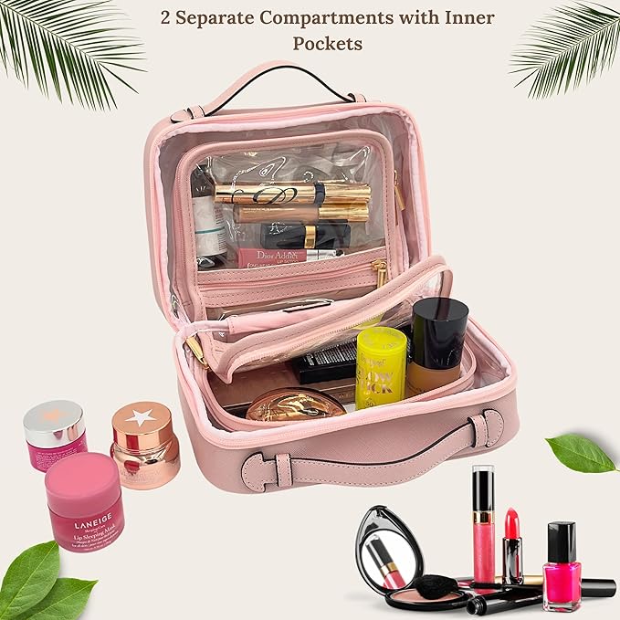 JAZD Clear Makeup Bag Toiletry Bag for Women Cosmetic Case Large Capacity Travel Make Up Bag Organizer Transparent Storage Compartment TSA Approved (PINK)