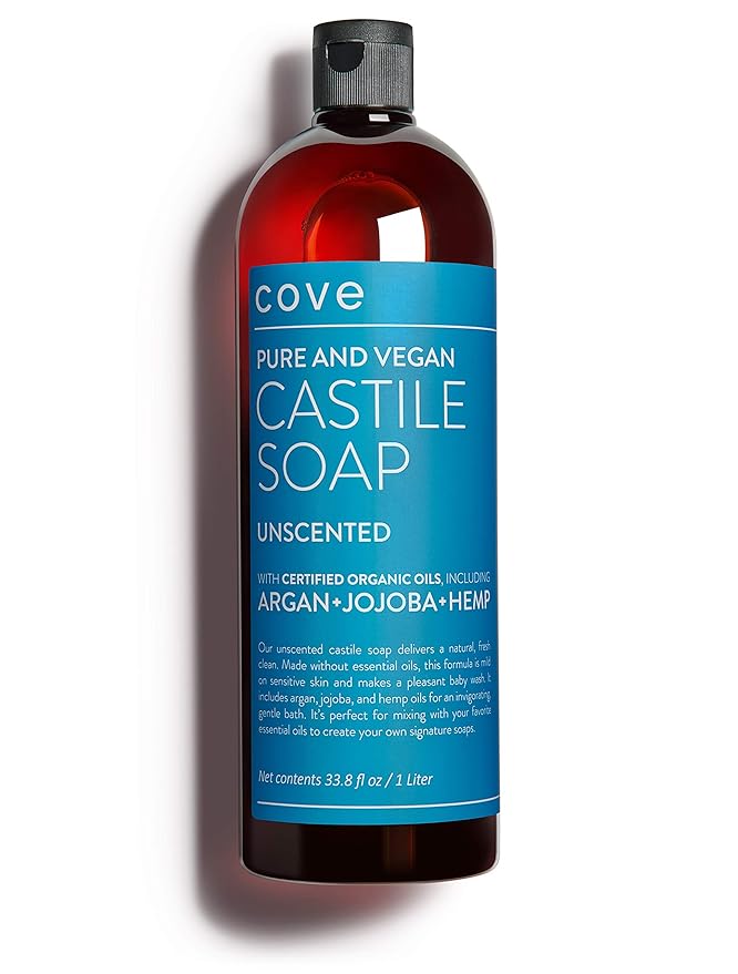 Cove Castile Soap Unscented - 1 Liter / 33.8 fl oz - Organic Argan, Jojoba, and Hemp Oils