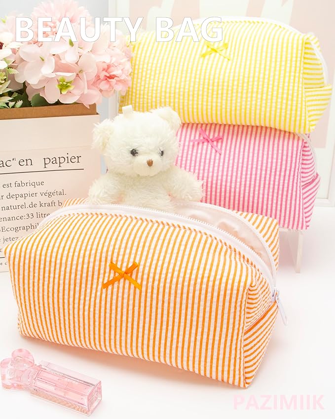 PAZIMIIK Cozy Makeup Bag for Women,Zipper Cosmetic Pouch,Stripe Orange