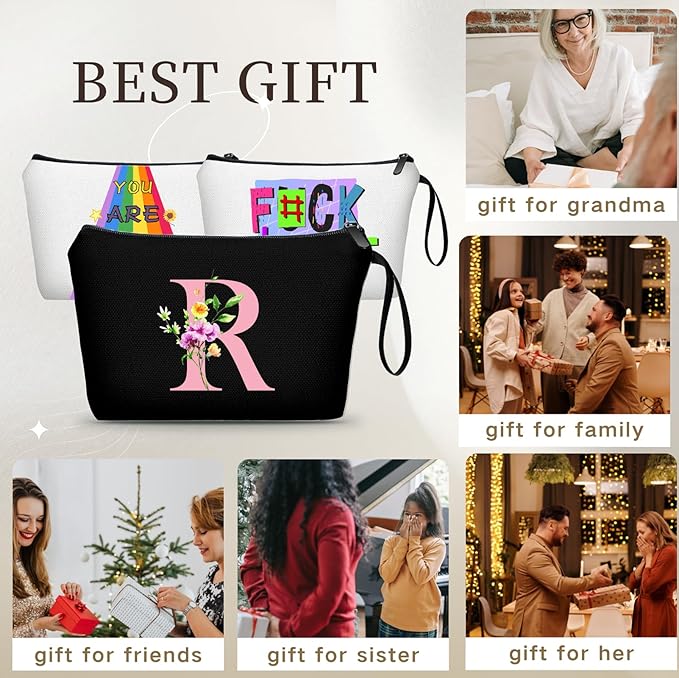 A-Z Womens Gifts for Birthday, Initial Cute Makeup Bag with Mirror, R