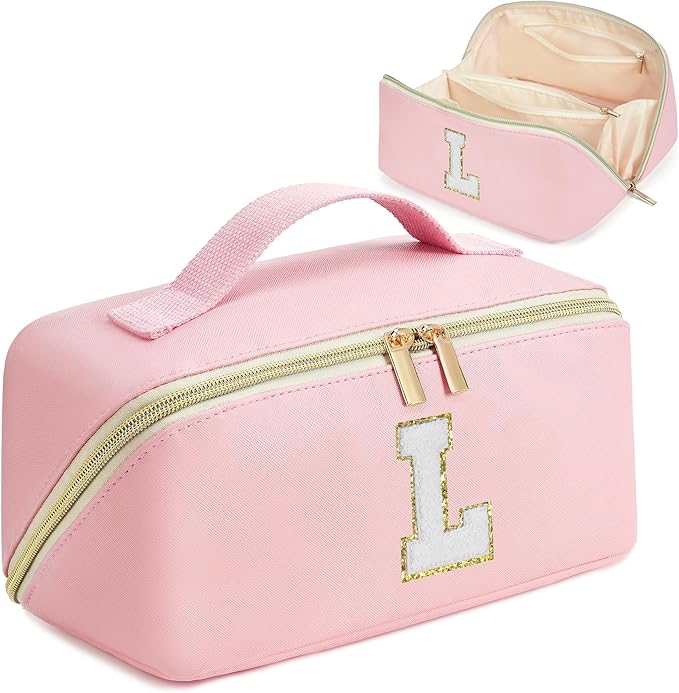 for Valentines Day Gifts, Makeup Bag for Women, PU Leather Travel Toiletry Bags, Initial Make Up Cosmetic Pouch for Teen Girls, Wide Open Portable Skincare Bag, Personalized Birthday Gifts, Pink L
