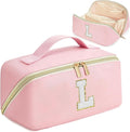 for Valentines Day Gifts, Makeup Bag for Women, PU Leather Travel Toiletry Bags, Initial Make Up Cosmetic Pouch for Teen Girls, Wide Open Portable Skincare Bag, Personalized Birthday Gifts, Pink L