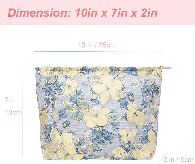 Flat Makeup Bag for Women,Zipper Cosmetic Pouch for Purse,Brocade Blue