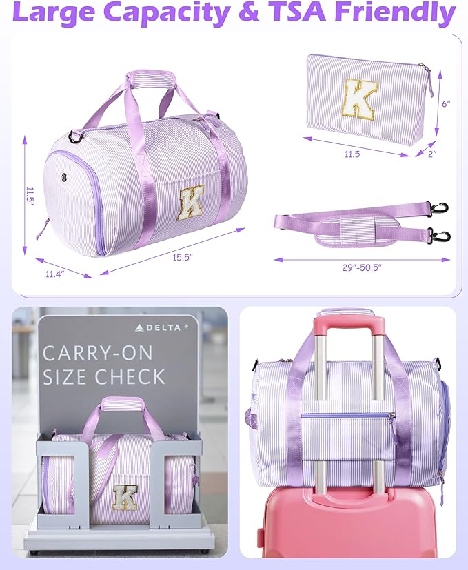 Gifts for Grandkids, Girls Travel Duffle Bag, Kids Initial Overnight Duffel Bags with Shoe Compartment, Personalized Dance Bag with Cosmetic Pouch, Birthday Gift Ideas (Letter I)