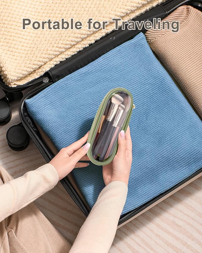 Soimeat Clear Travel Makeup Brush Holder, Leather Makeup Brush Toiletry Bag, Portable Cosmetic Brush Case, Transparent Waterproof Makeup Brush Storage Bag, Green
