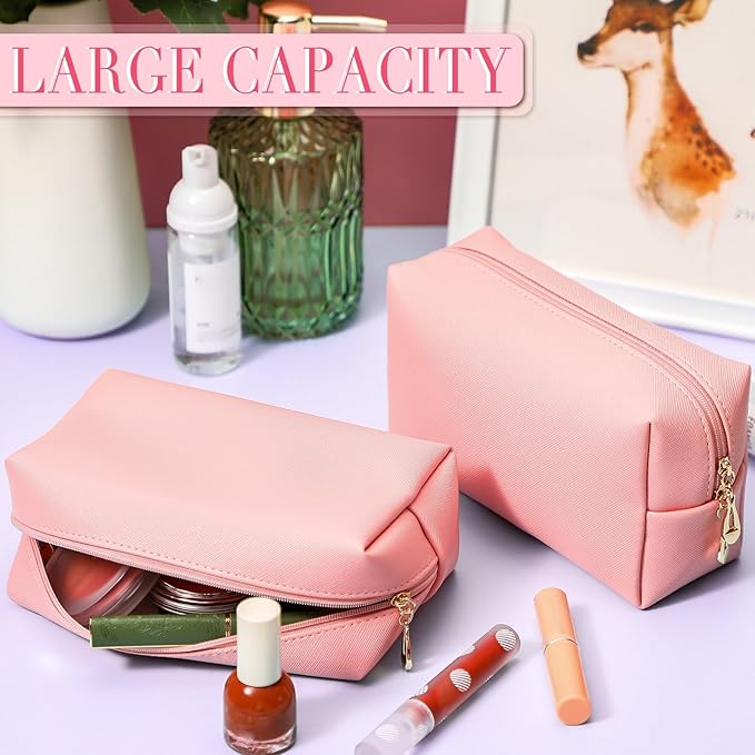 Sanwuta 9 Pcs Makeup Bags Bulk Bridesmaid Proposal Gifts Cosmetic Bags Preppy PU Leather Double Zipper Toiletry Pouch Portable Travel Organizer Case for Women Bachelorette Gift(Pink)