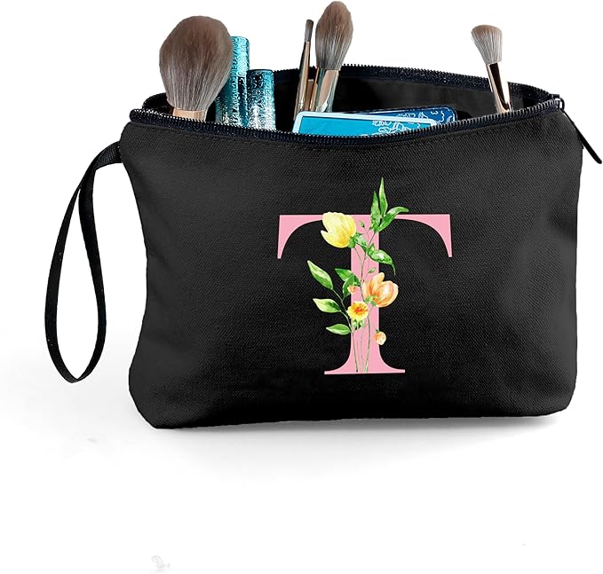 A-Z Bridesmaid gifts for Women, Small Initial Makeup Bag with Mirror, T