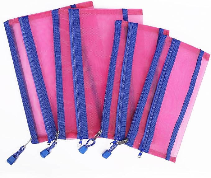 Sinzip 12 Pieces Zipper Nylon Mesh Pouch, Mesh Cosmetic Bags Makeup Bags Pencil Case, Multipurpose Travel Bags for Cosmetic School Office Supplies and Travel Accessories (2 Layers-Hot Pink, A5)