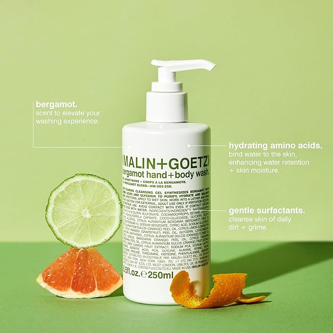 MALIN+GOETZ Hand + Body Wash | Gentle Foaming Cleanser with Botanical Extracts and Amino Acids | Hydrating, pH-Balanced, Unisex Scent | Vegan & Cruelty-Free (Bergamot, 8.5 Fl Oz)