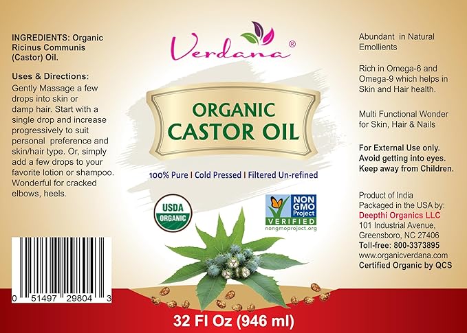 Verdana Organic Castor Oil, Cold Pressed & Hexane Free – For Hair & Scalp Care, Eyelashes, Eyebrows & Skin Care – USDA Certified, Pure & Natural – 32 fl oz