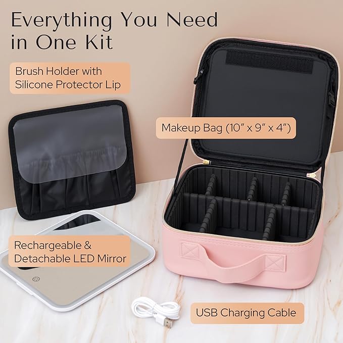 Aura In Bloom Makeup Bag with LED Mirror – Travel Cosmetic Organizer with Lighted Mirror, Adjustable Dividers & Brush Holder Storage – Portable PU Leather Makeup Case for Women & Girls - Pink