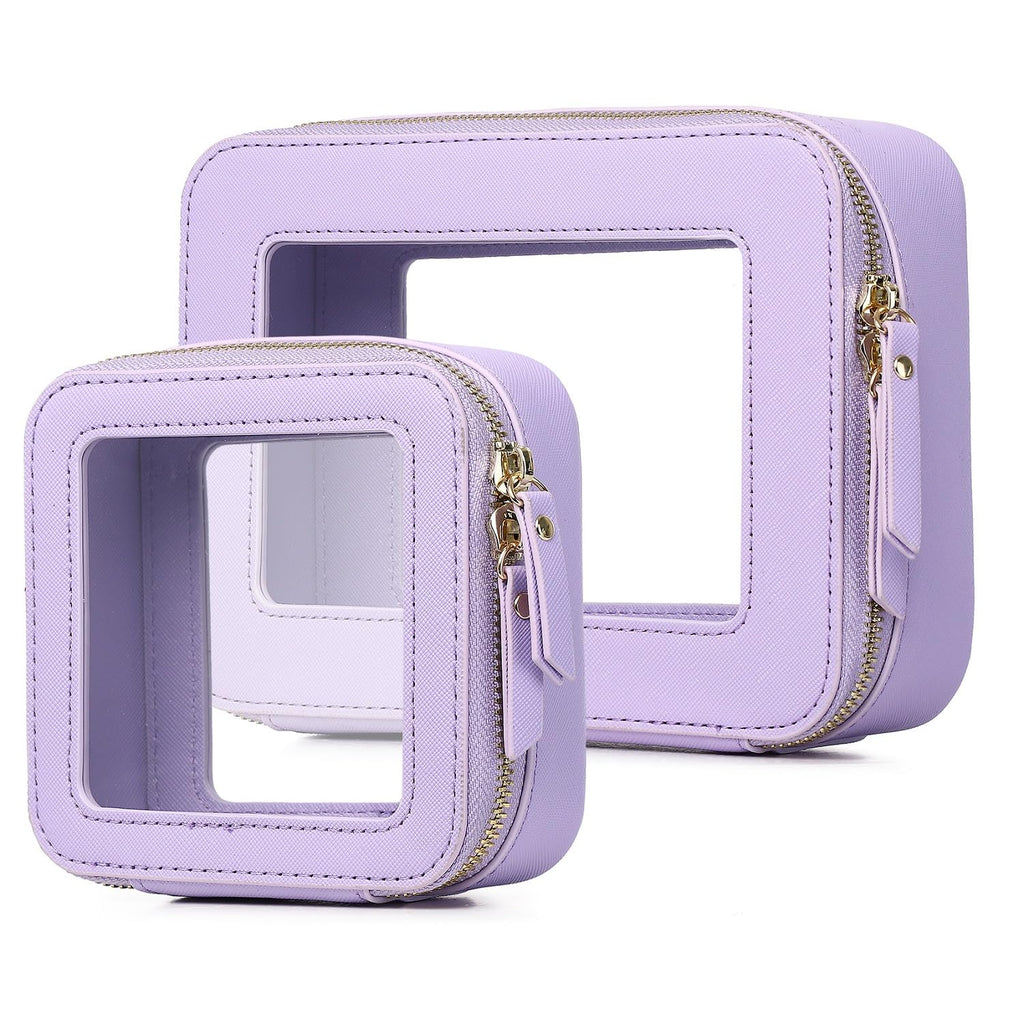 Pinkmik Clear Makeup Bag Waterproof Travel Case for Cosmetics and Toiletries Women's Purse Organizer and Clear Car Bag with Zipper (X/Purple, M+MINI)