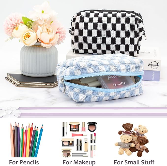 Checkered Makeup Bag for Purse, Small Cosmetic Pouch,Blue Green,2 Pack
