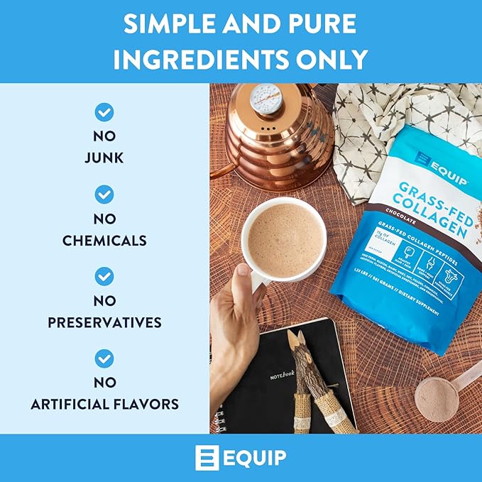 Equip Foods Grass Fed Collagen Powder -100% Hydrolyzed Bovine Collagen Peptides with Amino Acids - Prime Beef Collagen for Healthy Joints, Skin & Nails - Non-GMO, Paleo Friendly, 1.23 Pound, Chocolate