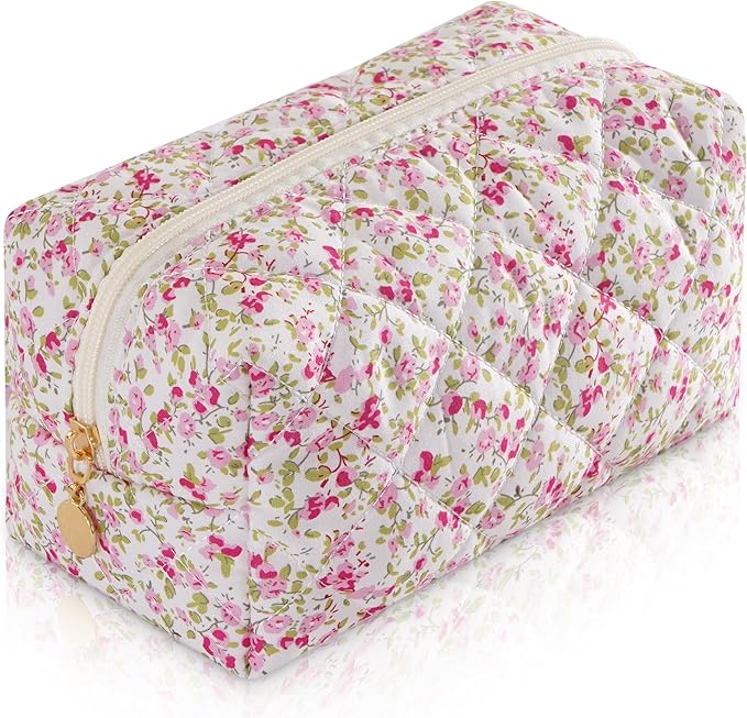 UUYUUY Makeup Bag Travel Toiletry Bag for Women, Small Floral Cosmetic Bags Cute Quilted Cotton Makeup Pouch for Purse Emergency Bag Pencil Case Accessory Bag, Spring