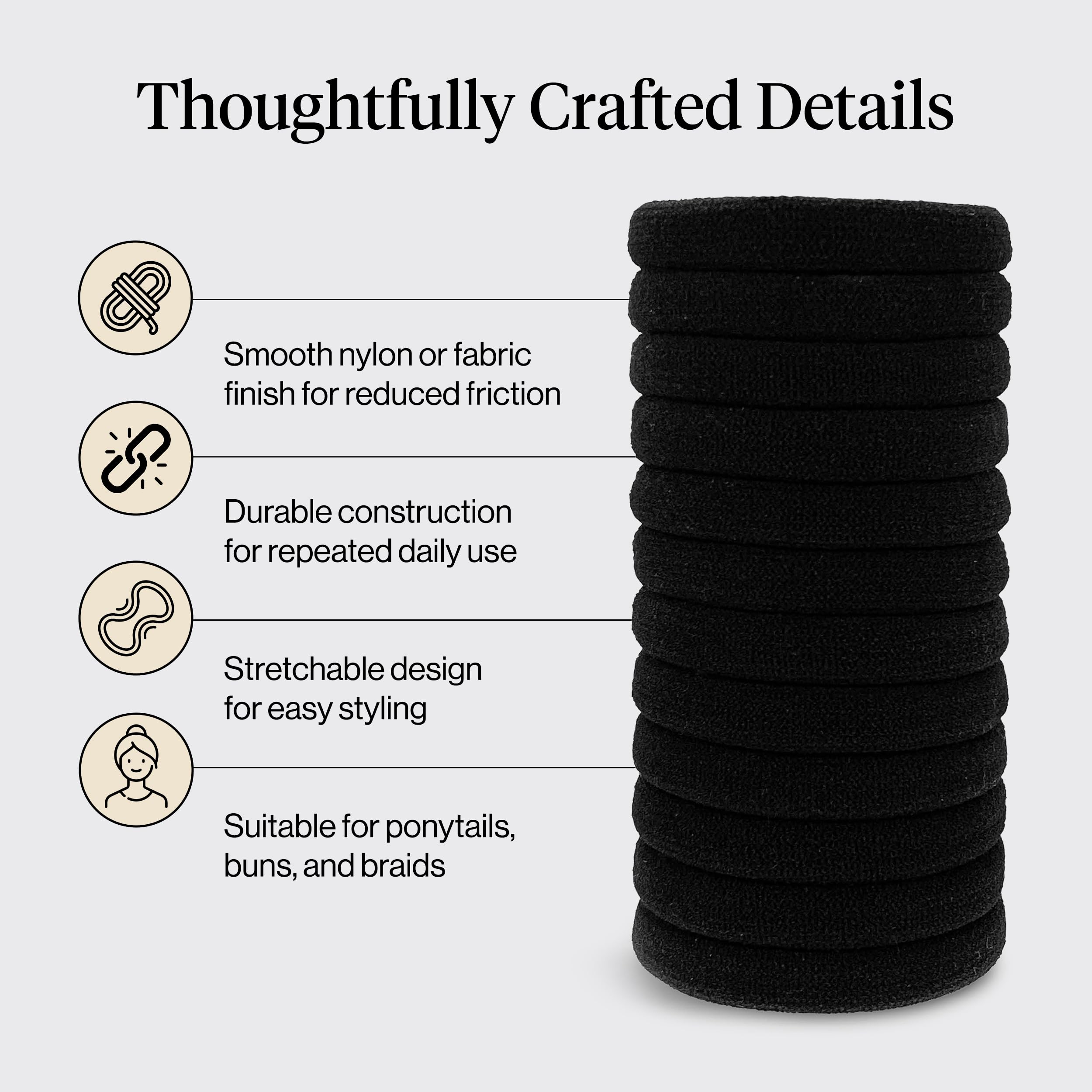 Kitsch Elastic Hair Ties No Damage | Stretchable Hair Bands - Black, 12pcs