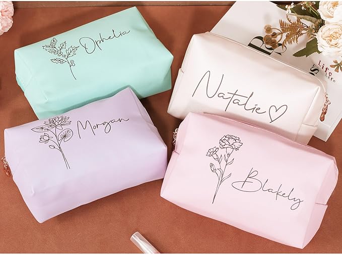 DayOfShe Personalized Makeup Bag with Name and Birth Flower Bridesmaid Gifts,Name Toiletry Bag Mothers Day Mom Gifts,Custom Travel Makeup bag for Bridal Shower Gifts