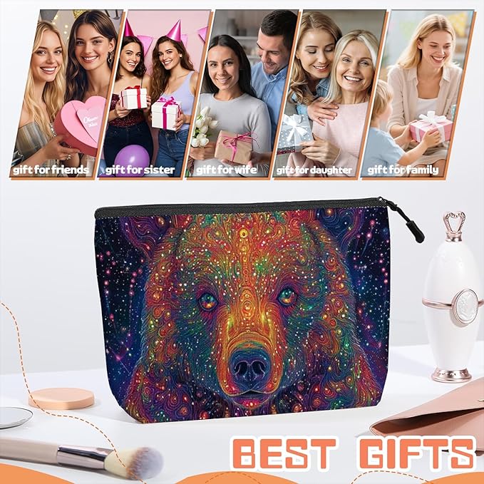 Scribesense Cosmetic Bags Travel Makeup Toilet Case Waterproof Pouch for Women Girls 6.7X9.45inches - Psychedelic Cosmic Bear