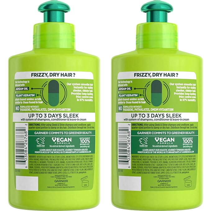 Garnier Fructis Sleek & Shine Leave-In Conditioner Cream, Anti-Frizz Hair Treatment with Plant Keratin + Argan Oil, Controls Frizz and Provides Smoothness For Frizzy, Dry Hair, 10.2 Fl Oz (Pack of 2)