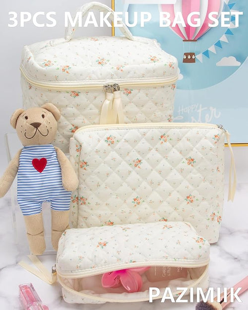 3 Piece Quilted Makeup Bag Set for Women,Cosmetic&Toiletry Bag,Floral White