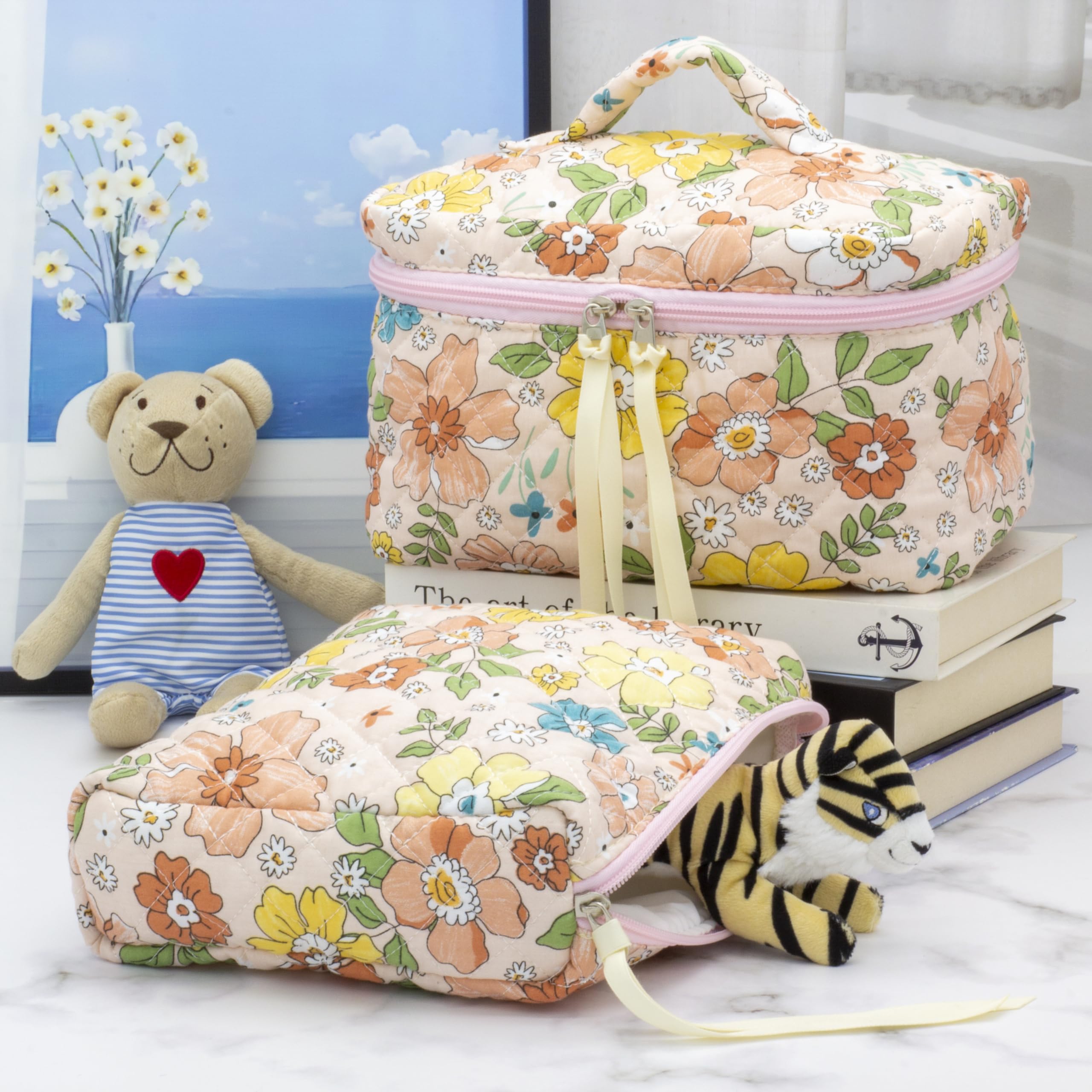 Quilted Makeup Pouch for Women, Travel Cosmetic&Toiletry Bag,Floral Orange