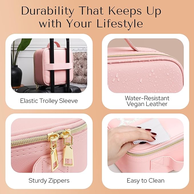 Aura In Bloom Makeup Bag with LED Mirror – Travel Cosmetic Organizer with Lighted Mirror, Adjustable Dividers & Brush Holder Storage – Portable PU Leather Makeup Case for Women & Girls - Pink