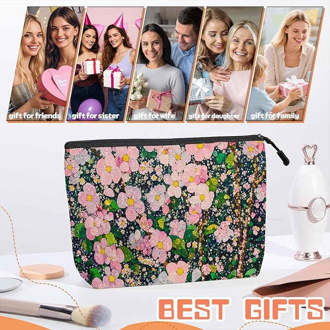 Scribesense Cosmetic Bags Travel Makeup Toilet Case Waterproof Pouch for Women Girls 6.7X9.45inches - Lovely Pink - Bloom Tapestry