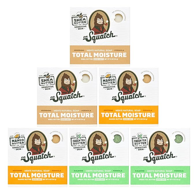 Dr. Squatch Total Moisture Natural Men’s Bar Soap – Non-Drying 2-in-1 Face + Body Soap Bar – Plant-Based Ingredients, Created for All Skin Types – Gifts for Men – 5oz (6-Pack)
