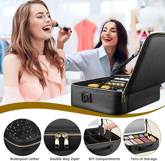 15''X11'' Large Makeup Bag with Removable Lighted Mirror, PU Leather