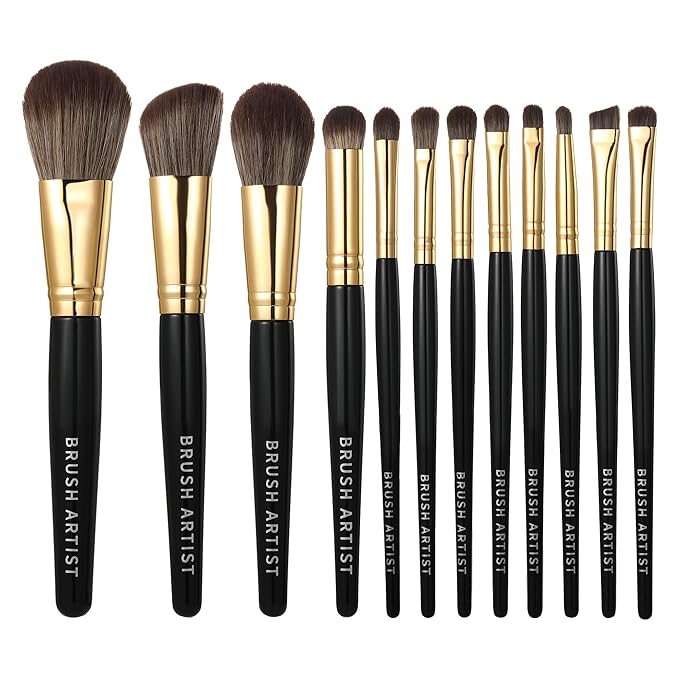 B BRUSH ARTIST 12 PCs Premium Synthetic Black Makeup Brush Set: Face Powder Brush, Contour Brush, Blush Brush, Eyeshadow Brush, Eyebrow Brush, Concealer Brush, Travel Size