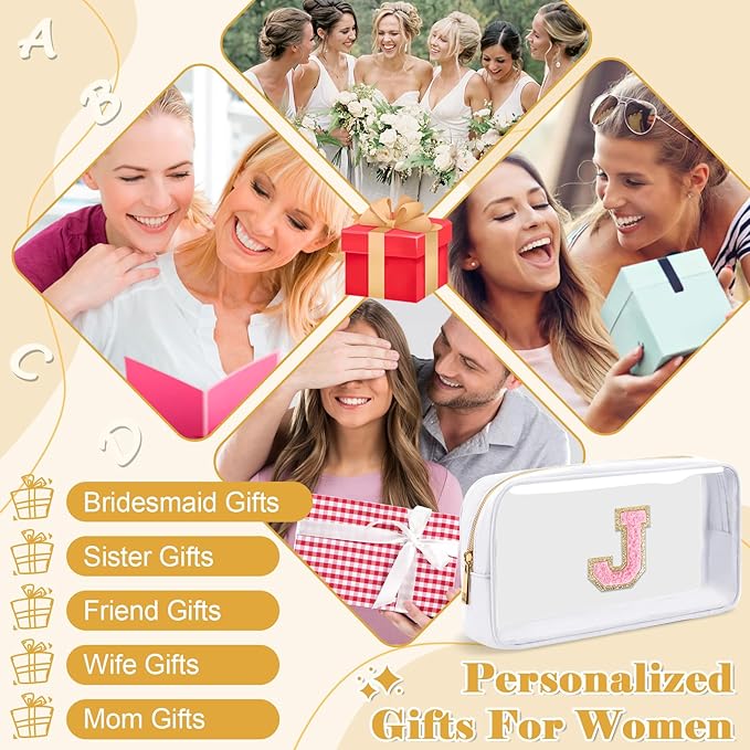 UIXIZQ Personalized Initial Letter Clear Makeup Bag,Preppy Small Nylon&PVC Cosmetic Zipper Bag with Chenille Letter,Travel Skincare Toiletry Bag,Monogram Christmas Gift for Teen Girls Women,J