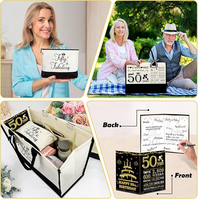 50th Birthday Gifts for Women, 50 & Fabulous Canvas Tote Bag and Makeup Bag