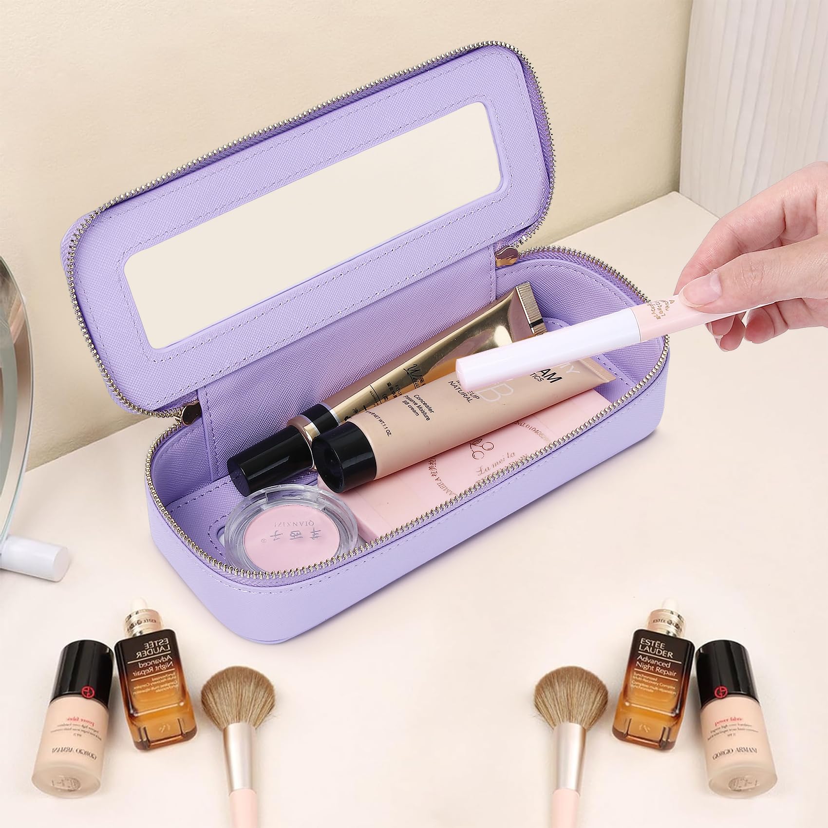 Pinkmik Makeup Brush Bag Slim Clear Makeup Bag Transparent Travel Cosmetic Case & Toiletry Bag with Zipper Small Beatuy Makeup Bag Purse Organizer for Women (X/Purple, SLIM)