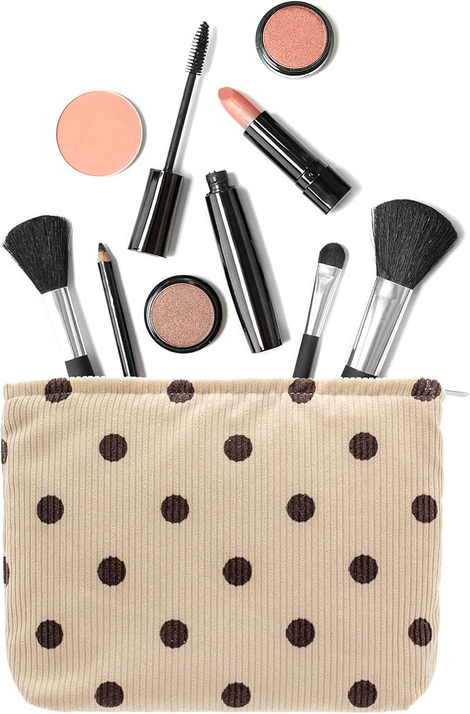 Flat Makeup Bag for Women,Zipper Cosmetic Pouch for Purse,Polka Dot Beige